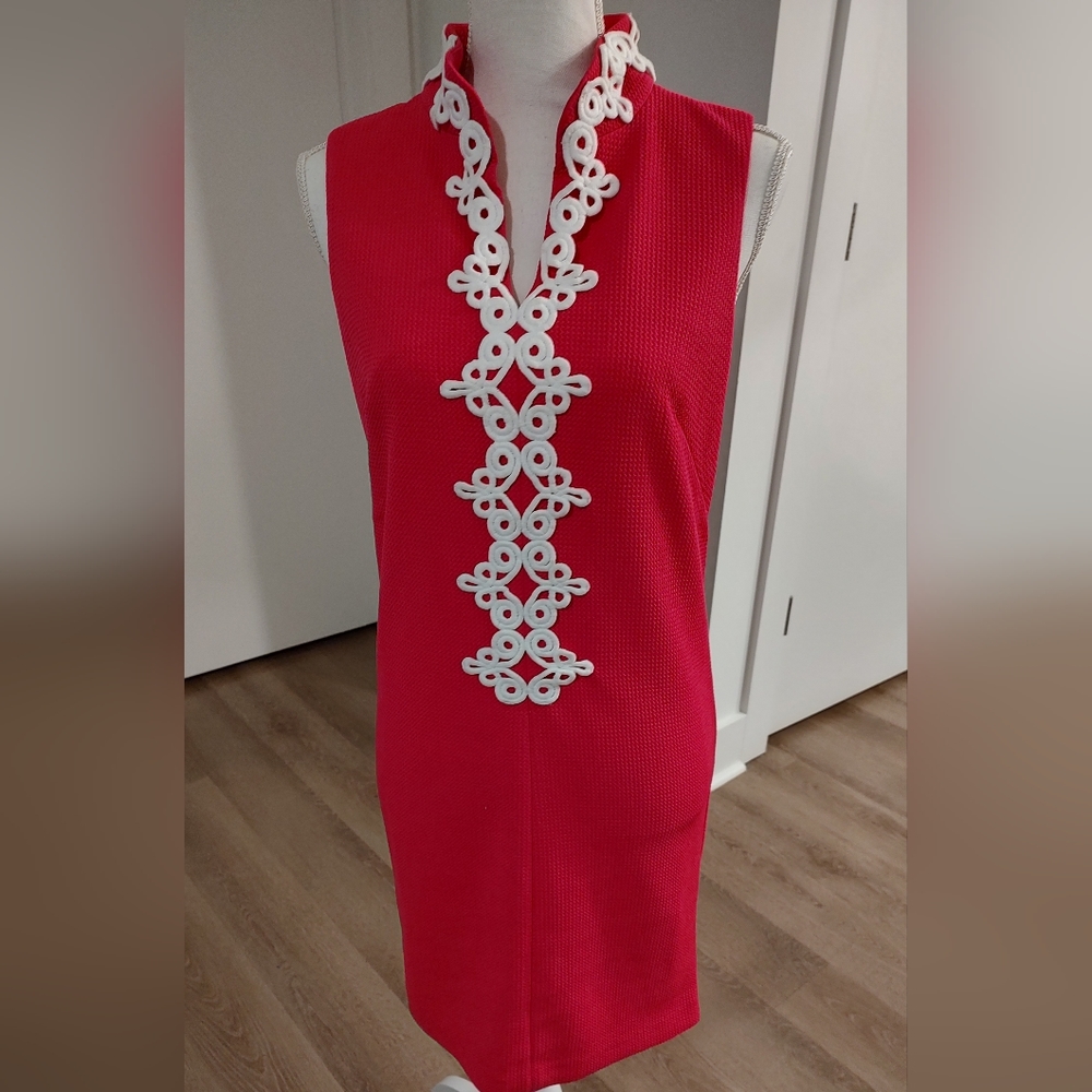 Pink Sheath Dress w/ White Embroidered Collar Front Collegiate Preppy Weddings
